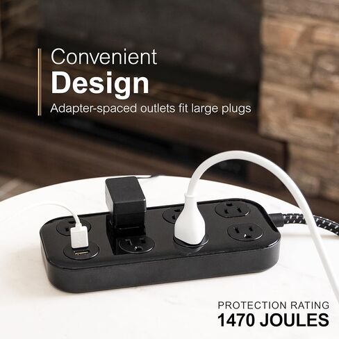 GE Surge Protector, 7 Outlet, 2 USB-A, 2.4A, 1470J, Braided Cord, Power Strip 4ft, White/Gray, 81780 in Saudi Arabia