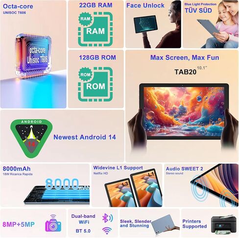 أحدث جهاز لوحي Android 14 لعام 2024، توسيع 22 جيجا+128 جيجا/1 تيرابايت، أجهزة لوحية مقاس 10 بوصات مع بطارية 8000 مللي أمبير في الساعة، ثماني النواة، نظام تحديد المواقع العالمي (GPS)، شاشة مقسمة، فتح القفل بالوجه، جهاز لوحي 2 في 1 مع لوحة مفاتيح وماوس وحاف in Saudi Arabia