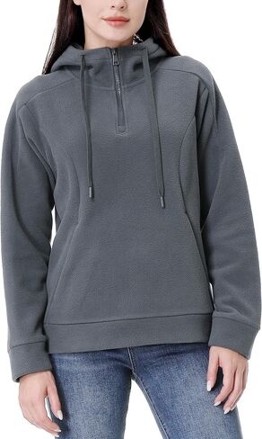 GIMECEN المرأة القطبية الصوف هوديس ربع البريدي البلوز طويلة الأكمام البلوزات عارضة السترة سترة مع جيب in Kuwait