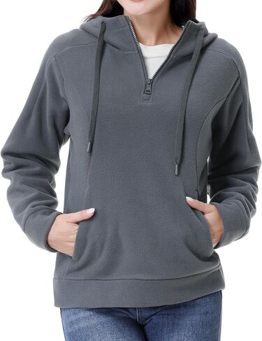 GIMECEN المرأة القطبية الصوف هوديس ربع البريدي البلوز طويلة الأكمام البلوزات عارضة السترة سترة مع جيب in Kuwait