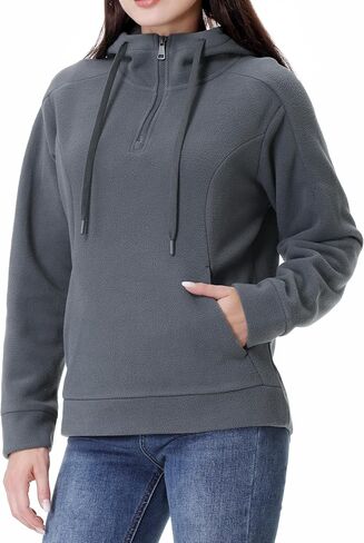 GIMECEN المرأة القطبية الصوف هوديس ربع البريدي البلوز طويلة الأكمام البلوزات عارضة السترة سترة مع جيب in Kuwait