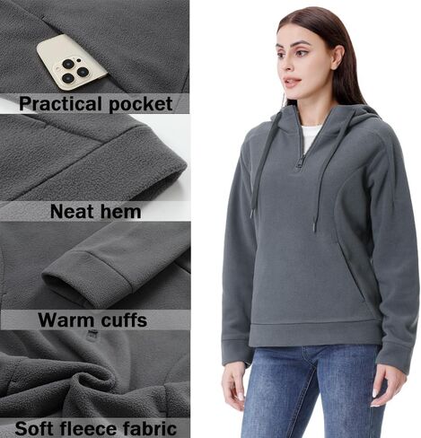 GIMECEN المرأة القطبية الصوف هوديس ربع البريدي البلوز طويلة الأكمام البلوزات عارضة السترة سترة مع جيب in Kuwait