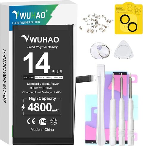 WUHAO Replacement for iPhone 14 Battery,3600mAh Upgraded Capacity for 14 A2882 A2649 A2881 A2884 A2883 Battery with Camera Lens Protector + Screws + Professional Repair Tool Kit in Saudi Arabia