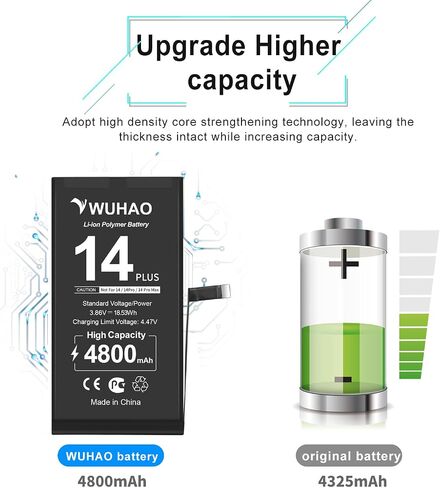 WUHAO Replacement for iPhone 14 Battery,3600mAh Upgraded Capacity for 14 A2882 A2649 A2881 A2884 A2883 Battery with Camera Lens Protector + Screws + Professional Repair Tool Kit in Saudi Arabia