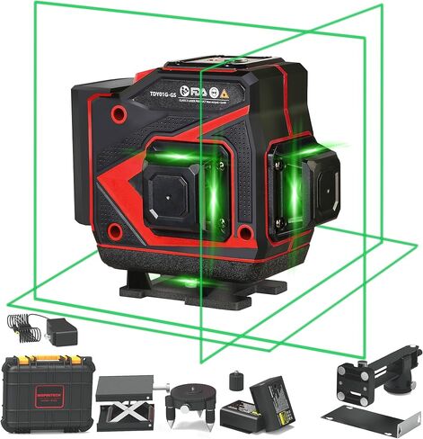 مستوى ليزر ذاتي التسوية - 3x360 شعاع أخضر أفقي عمودي 12 خطًا متقاطعًا - أداة بناء تسوية ليزر للبلاط لسقف الجدار الأرضي - علبة ذات جوانب صلبة وجهاز تحكم عن بعد in Kuwait