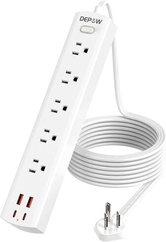 DEPOW 2 Pack Surge Protector Power Strip, 1700 Joules, 1875W/15A with Ultra Thin 10 Ft and 6 Ft Extension Cord, 5 Widely Spaced Outlets with 4 USB Ports (2USB-C), Flat Plug for Home Office, Black in Kuwait