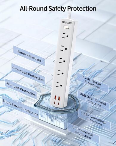 DEPOW 2 Pack Surge Protector Power Strip, 1700 Joules, 1875W/15A with Ultra Thin 10 Ft and 6 Ft Extension Cord, 5 Widely Spaced Outlets with 4 USB Ports (2USB-C), Flat Plug for Home Office, Black in Kuwait