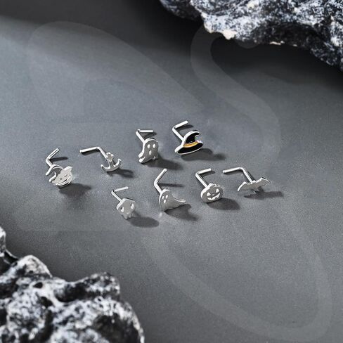 ZS 15Pcs Stainless Steel Black Corkscrew Nose Stud, 20G Halloween Corkscrew Nose Rings Studs, L-shaped Nose Rings Ghost Skull Bat Nose Piercing Jewelry for Women Men in Kuwait