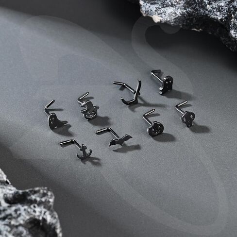 ZS 15Pcs Stainless Steel Black Corkscrew Nose Stud, 20G Halloween Corkscrew Nose Rings Studs, L-shaped Nose Rings Ghost Skull Bat Nose Piercing Jewelry for Women Men in Kuwait