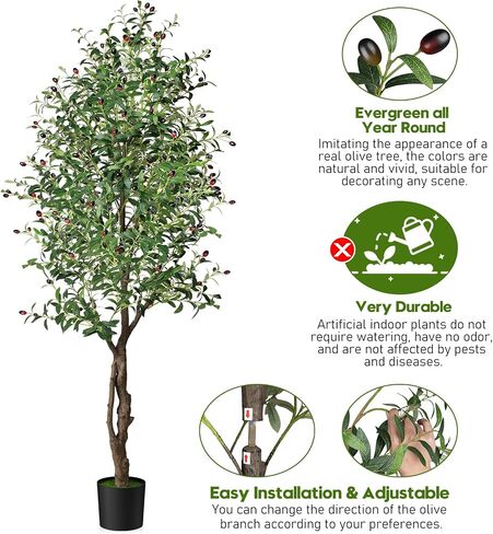 Artificial Olive Tree, 6ft Tall Faux Silk Plant Artificial Tree in Indoor Potted Oliver Branch Leaves and Fruits for Home Room Office Decor and Housewarming Gift (72in) in Saudi Arabia
