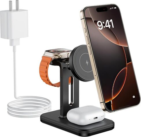 3 in 1 Fast Wireless Charging Station for Magsafe Apple Devices, Aluminum Alloy Charger Station with Adapter, Magnetic Charging Stand for iPhone 16/15/Pro/ProMax/14/13/12, Apple Watch & AirPods, White in Saudi Arabia