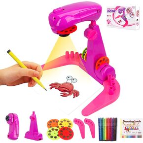 Kids Projection Drawing Toy,Smart Drawing Projector Toys，Trace and Draw Projector for Kids,with 32cartoon patters and 12color Brushes, Kid Learn to Draw and Sketcher (Pink)