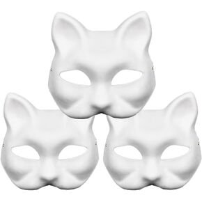 DIY Unpainted Masquerade Cat Mask Paper Mache Mask White Craft Mask Pulp Blank Paintable Masks for Costume Halloween