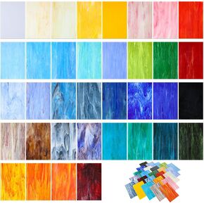 Layhit 36 Sheets Variety Stained Glass Sheets Pack 4 x 6 Inch Cathedral Art Glass Supplies Mosaic Tiles for Crafts Bright Color Iridescent for DIY Home(Assorted Color)