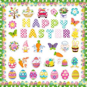 57 Pcs Easter Cutouts for Bulletin Board Decoration, Spring Rabbit Butterfly Animal Flower Paper Cut-Outs with Glue Dots for School Classroom Home Party Decor Supplies