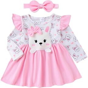 DOMOABEI Easter Day Baby Girl Outfits Toddler Baby Easter Dress Ruffle Cute 3D Bunny Romper Skirt Little Girls Dress Headband