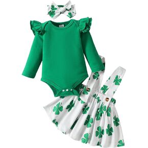 Fairy Baby Infant Baby Girls My First St Patricks Day Outfit Green Ruffles Romper Lucky Clover Shamrock Dress Skirt Set 0-18M