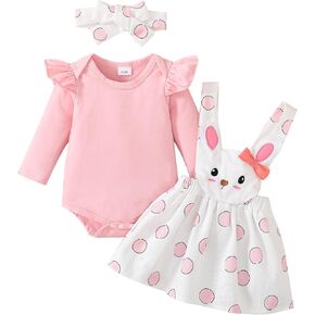 Newborn Baby Girl Easter Outfit Solid Long Sleeve Romper Top 3D Bunny Suspender Skirt Rabbit Dress Headband Clothes