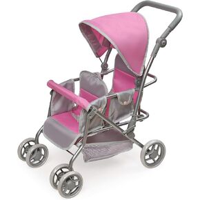 Badger Basket Toy Cruise Folding Inline Double Doll Stroller for 20 inch Dolls - Gray/Pink