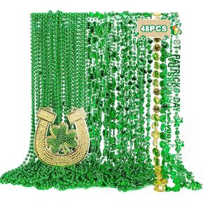 48PCS St. Patricks Day Necklace Accessories, 7 Kinds of St Patricks Beads, Metallic Irish Shamrock Beer Mug Coins Pendants Beads Necklace, Adult St Patricks Necklaces Bulk for Parade Party Supplies Favors