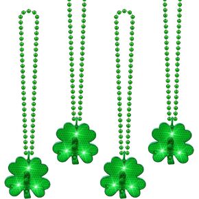 YAXINRUI 8Pcs Light up Shamrocks Beads Necklaces, St Patrick's Day Necklace Accessories Led Shamrocks Necklaces Metallic Green Bead Clovers Necklaces for Irish St. Patricks Day Party Favor Supplies