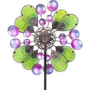 MUMTOP Solar Wind Spinner, 61.41 Inch Multi-Color Seasonal LED Lighting Solar Powered Glass Ball with Kinetic Wind Sculpture Dual Direction for Patio Lawn & Garden