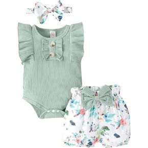 LUNFEGO Newborn Baby Girl Clothes Outfits Ruffle Romper and Short Pant Sets with Headband Infant Bodysuits