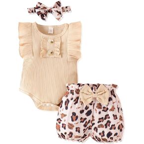 LUNFEGO Newborn Baby Girl Clothes Outfits Ruffle Romper and Short Pant Sets with Headband Infant Bodysuits