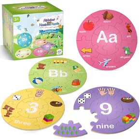 Wooden Number Alphabet Jigsaw Puzzles for Kids Ages 3-5,Letter Games for Toddlers Ages 3+,Preschool Activities Kindergarten Puzzles Montessori Educational Toys Gifts for 4 5 6 7 Year Old Boys Girls