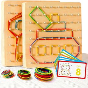 2Pack Wooden Geoboard Montessori Toys - Wood Geo Board Manipulative Math Geoboards for 4 5 6 year old Kids with 60pcs Pattern Cards Rubber Bands,Educational Peg Board Brain Game Puzzles for Kids