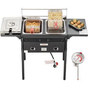 Outdoor Propane Deep Fryer, Double Burners Commercial Fryer, 16 Qt Stainless Steel Cooker with Removable Baskets & Lids & Tanks, Oil Fryer Cart with Thermometer & Regulator, For Outdoor Cooking