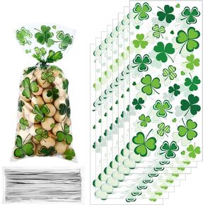 100 Pcs St. Patrick's Day Cellophane Treat Bags Irish Lucky Shamrock Plastic Candy Bags Goodie Favor Bags with 100 Twist Ties for Saint Patrick Day Party Accessories (Silver Twist Tie,Fresh Pattern)