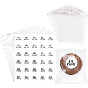 Motipuns 360 Pcs Cookie Bags and Our His Her Favorite Stickers, Include 180 Pcs Clear Snack Bags Self Adhesive Treat Bags 180 Pcs Wedding Stickers for Candy Dessert Bread Wedding Party Guest Gift