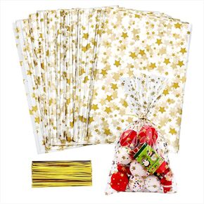 LEOSINDA 100 pcs Clear 8"X 12" Flat Gift Wrap Cellophane Bags Cello Bags Cookie Bags Treat Bags with Twist Ties Poly Bag 1.3 mil for Bakery, Cookie, Candies Silver Star Printed