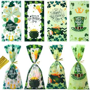 50pcs St. Patrick's Day Treat Bags with Twist Ties, St. Patrick's Day Candy Bag Shamrock Plastic Goody Bags for Irish Holiday Party Favor Supplies Gift Packing 5.0 x10.5 inch (Pattern A)