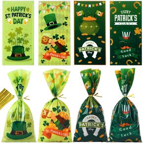 50pcs St. Patrick's Day Treat Bags with Twist Ties, St. Patrick's Day Candy Bag Shamrock Plastic Goody Bags for Irish Holiday Party Favor Supplies Gift Packing 5.0 x10.5 inch (Pattern A)
