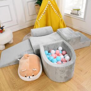 Soft Play Climb and Crawl Activity Playset | Foam Climbing Blocks for Toddlers 1-3 | Luxury Velvet Indoor Soft Play Set | Baby Climbing Blocks | 5 PCS (Balls NOT Included) (Gray)