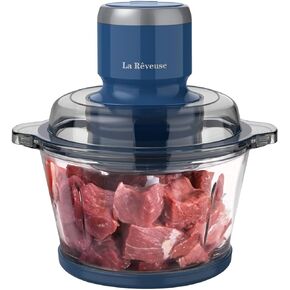 La Reveuse Food Processor,Electric Food Chopper with 7-Cup (1.7L) Glass Bowl, 4 Bi-Level Blades for Chopping,Grinding,Mincing,Whisking,Meal Prep,300W,Blue
