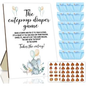 Funny The Cutepoop Diaper Baby Shower Game Boys Girls Bear Wooden Baby Shower Sign with 50Pcs Mini Felt Diapers Blue for Gender Reveal Baby Shower Party Decor