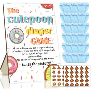 Funny The Cutepoop Diaper Baby Shower Game Boys Girls Bear Wooden Baby Shower Sign with 50Pcs Mini Felt Diapers Blue for Gender Reveal Baby Shower Party Decor