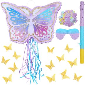 Butterfly Pinata Summer Pinata with 3D Butterfly Wall Sticker and a Blindfold Confetti for Summer Decoration Photo Prop Kids Birthday Party Candy Holder Accessories Theme Party Supply (Elegant)