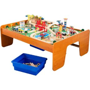 KidKraft Ride Around Town Wooden Train Set and Table with Helicopter, Airplane, Farm, Storage Bins and 100 Pieces, Compatible with Other Major Brand Trains, Honey