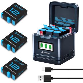 Artman Replacement Battery 3-Pack (1800mAh) fit for GoPro Hero 12, Hero 11, Hero 10, Hero 9 Black with 3-Channel USB Intelligent Charger Fully Compatible with GoPro Hero 12/11/10/9 Battery Charger