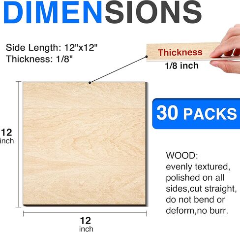 30 حزمة من أوراق خشب الزيزفون مقاس 12 بوصة × 12 بوصة × 1/8 بوصة، خشب الزيزفون 3 مم للقطع بالليزر، لوح خشب رقائقي رقيق غير مكتمل للحرف اليدوية، صناعة النماذج المعمارية بنفسك، نقش الخشب، منتج حرق الخشب. in Kuwait