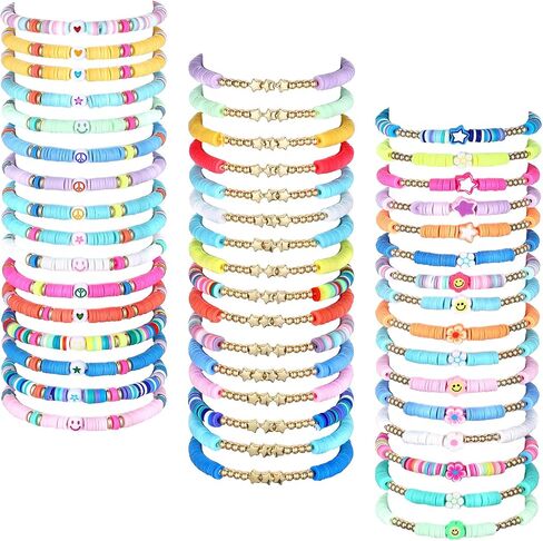 Jadive 48 Pcs Colorful Kids Friendship Bracelet Set Adjustable Stretch Beaded Bracelets Swift Bracelet Preppy Heishi Surfer Bracelets Set Friendship Bracelets for Girls Women Christmas Gift in Saudi Arabia