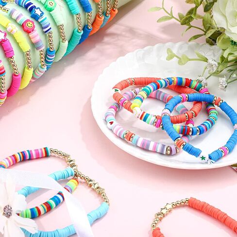 Jadive 48 Pcs Colorful Kids Friendship Bracelet Set Adjustable Stretch Beaded Bracelets Swift Bracelet Preppy Heishi Surfer Bracelets Set Friendship Bracelets for Girls Women Christmas Gift in Saudi Arabia