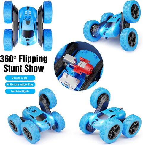 سيارة تحكم عن بعد للأطفال من عمر 6 سنوات فما فوق، لعبة سيارة RC Cars Stunt Car 4WD مزدوجة الجوانب 360 درجة جهاز تحكم عن بعد دوار مع المصابيح الأمامية، هدايا عيد الميلاد للأولاد 6 7 8 9 10 11 12 أزرق in Kuwait
