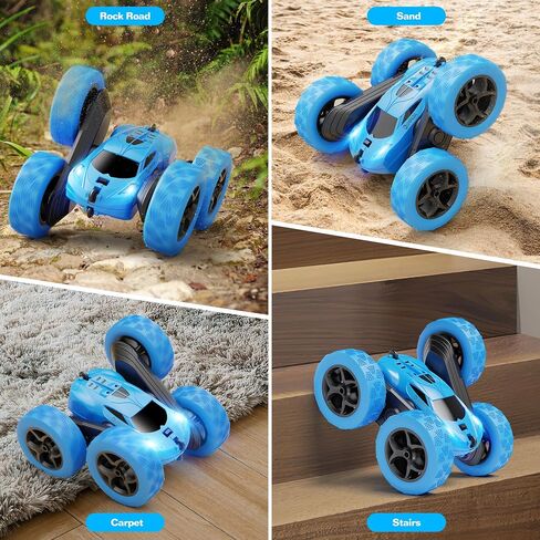 سيارة تحكم عن بعد للأطفال من عمر 6 سنوات فما فوق، لعبة سيارة RC Cars Stunt Car 4WD مزدوجة الجوانب 360 درجة جهاز تحكم عن بعد دوار مع المصابيح الأمامية، هدايا عيد الميلاد للأولاد 6 7 8 9 10 11 12 أزرق in Kuwait