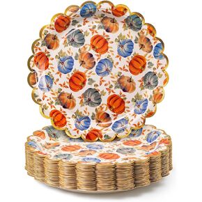 Halloween Paper Plates, 50-Count Disposable Halloween Dinner Plates, Scalloped, Party Supplies, Skeleton, Jack-O-Lantern, Ghosts, Cat, Purple