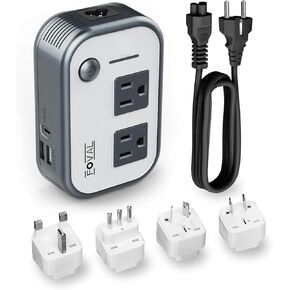 FOVAL International Travel Adapter Power Step Down 220v to 110v Voltage Converter with 18W USB-C Port US/UK/AU/IT/EU Worldwide Plug Adapter (White)